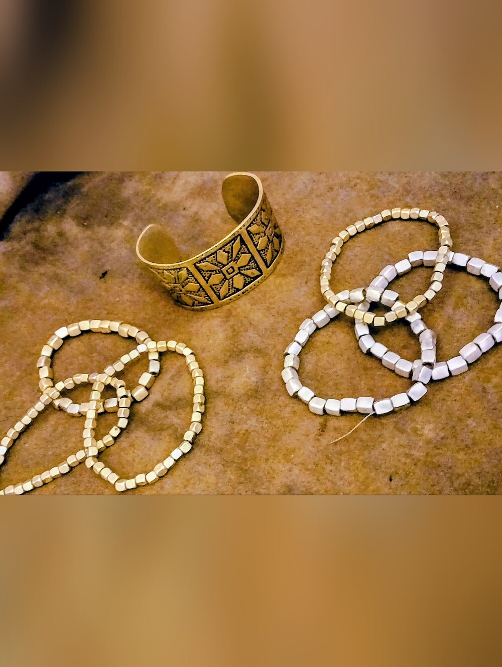 Vintage Boho Metal Bracelet Set - 7 Pc Gold & Silver Stack - Wide Brass Cuff